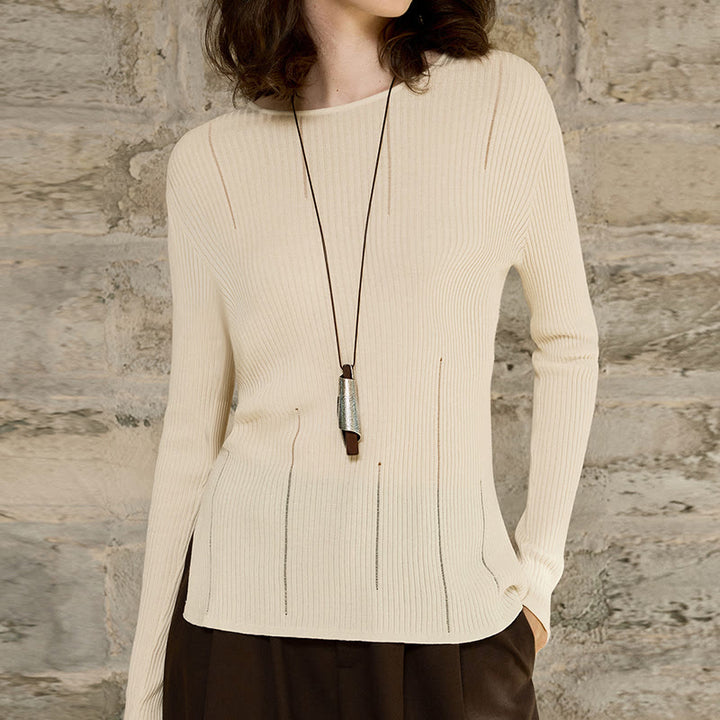 Olivenorma Long Sleeve Blouses Shirt Ribbed Knit Slits Top Women Sweatshirt - Beige - One Size Fit All - image 5