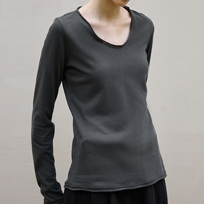 Olivenorma Solid Color U-shaped Collared Rolled Long-Sleeve Top Women Sweatshirt - Gray - L - image 9