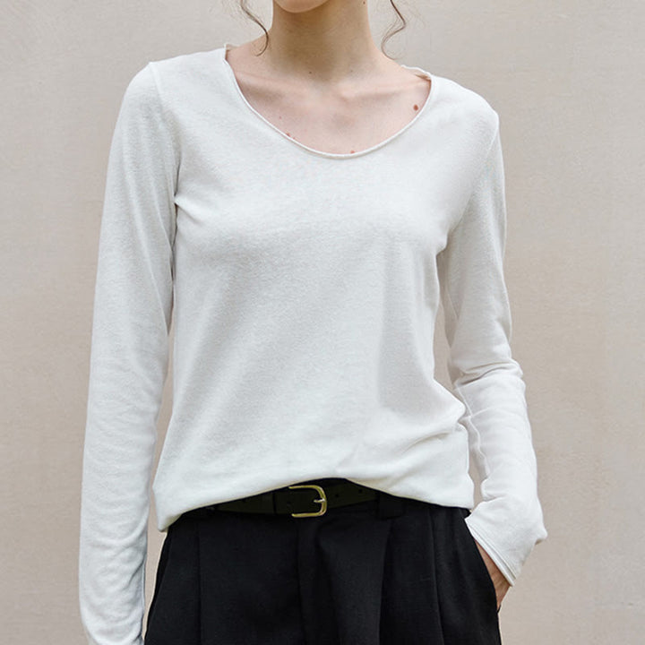 Olivenorma Solid Color U-shaped Collared Rolled Long-Sleeve Top Women Sweatshirt - White - L - image 0