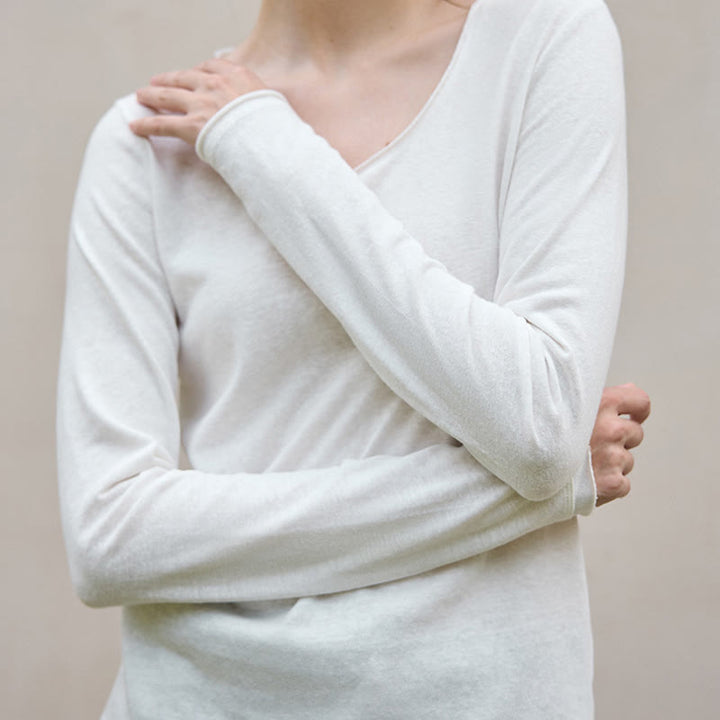 Olivenorma Solid Color U-shaped Collared Rolled Long-Sleeve Top Women Sweatshirt - image 5