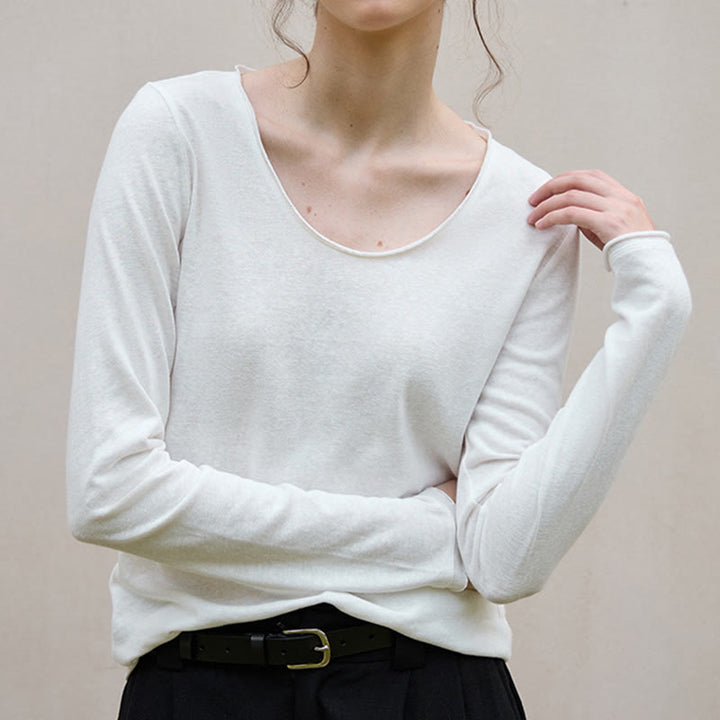 Olivenorma Solid Color U-shaped Collared Rolled Long-Sleeve Top Women Sweatshirt - image 4