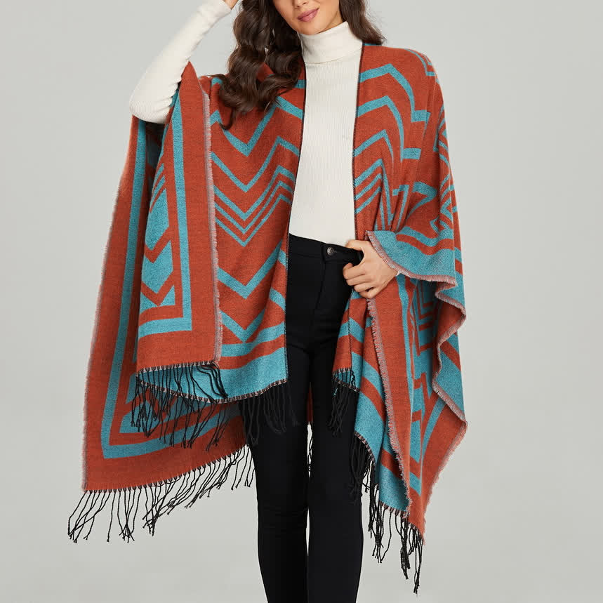 Olivenorma Boho Patchwork Open Front Shawl Cardigan - Geometric Red & Blue - 135x155cm - image 7