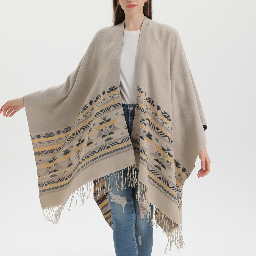 Olivenorma Boho Patchwork Open Front Shawl Cardigan - Khaki Tassels - 135x155cm - image 8