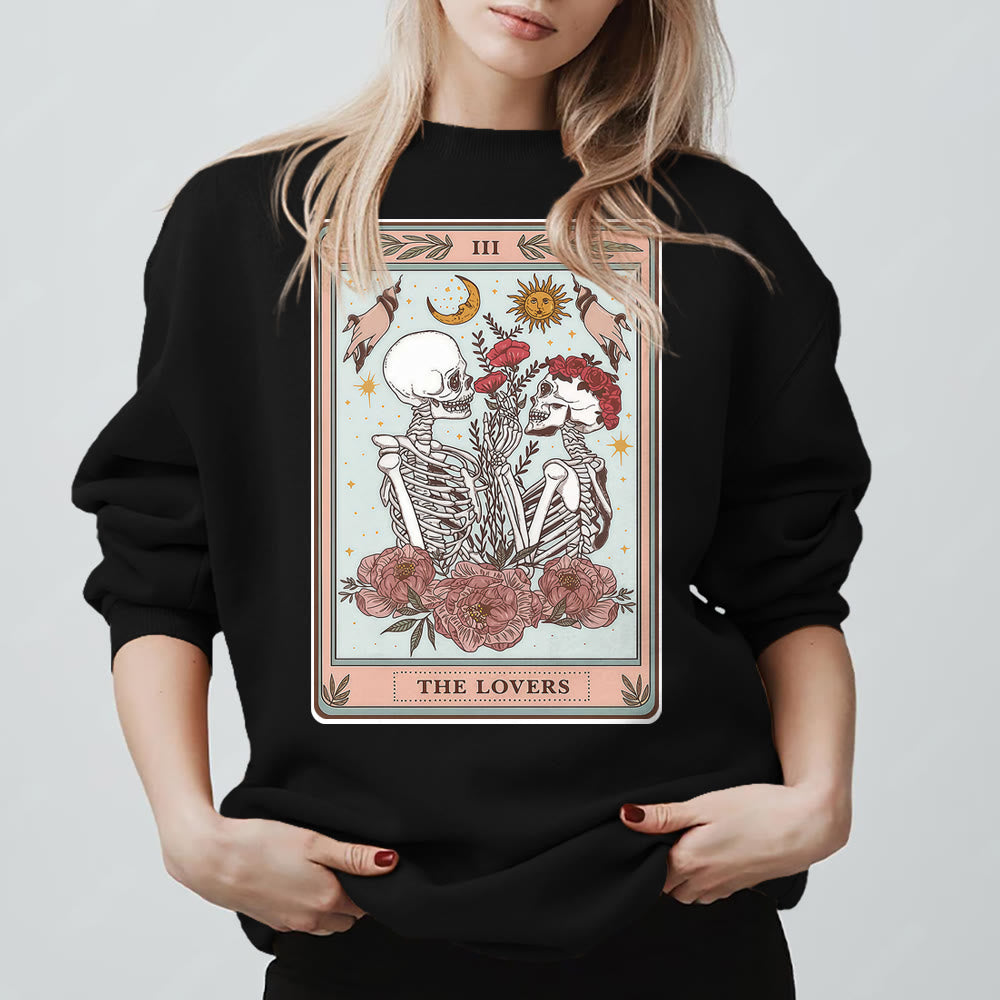 Olivenorma THE LOVER Skull Tarot Card Loose Fit Fleece Pullover Crewneck Sweatshirt - Black - 2XL - image 5