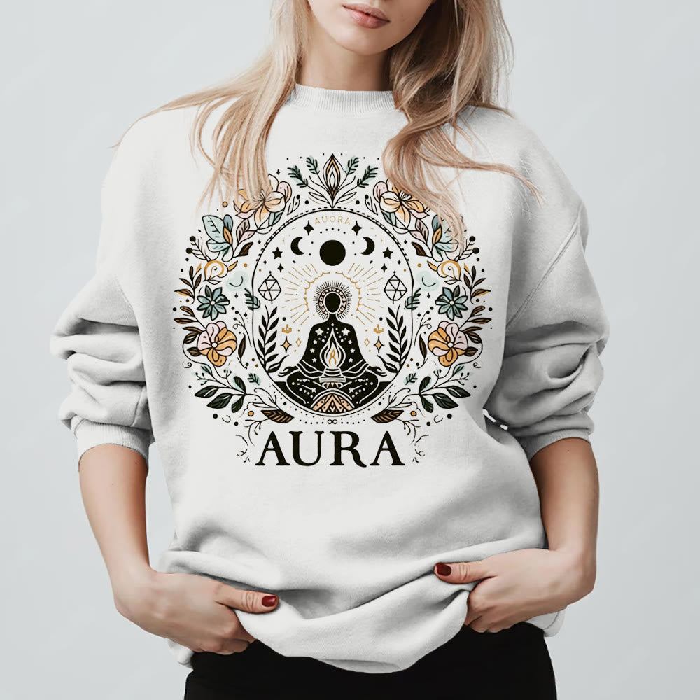 Olivenorma AURA Meditation Sweatshirt Long Sleeve Fleece Crewneck Pullover Sweatshirt - White - 2XL - image 0