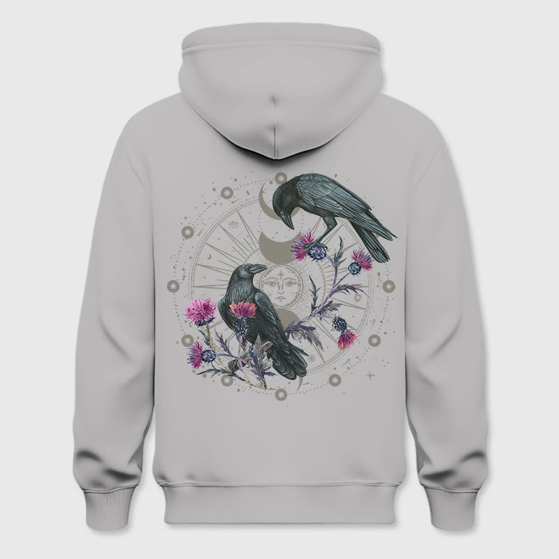 Olivenorma Mystical Moon Phase Raven Floral Fleece Hooded Sweater Tops Loose Hoodies - Grey - 2XL - image 9