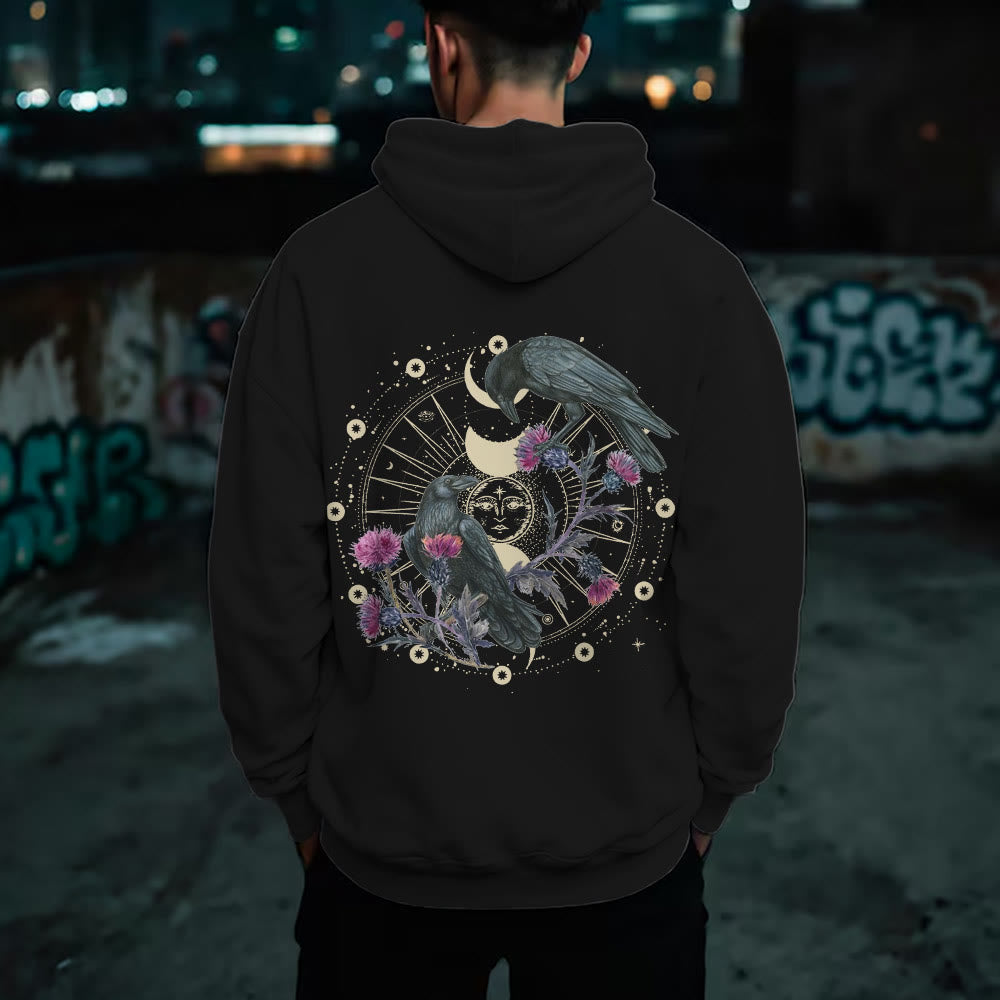 Olivenorma Mystical Moon Phase Raven Floral Fleece Hooded Sweater Tops Loose Hoodies - image 4