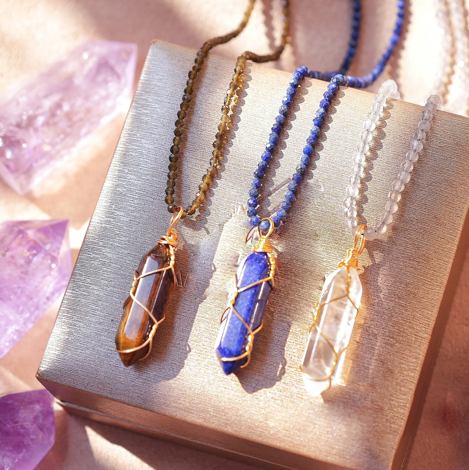 Olivenorma Hexagonal Column Pendant Natural Stone Beaded Necklace