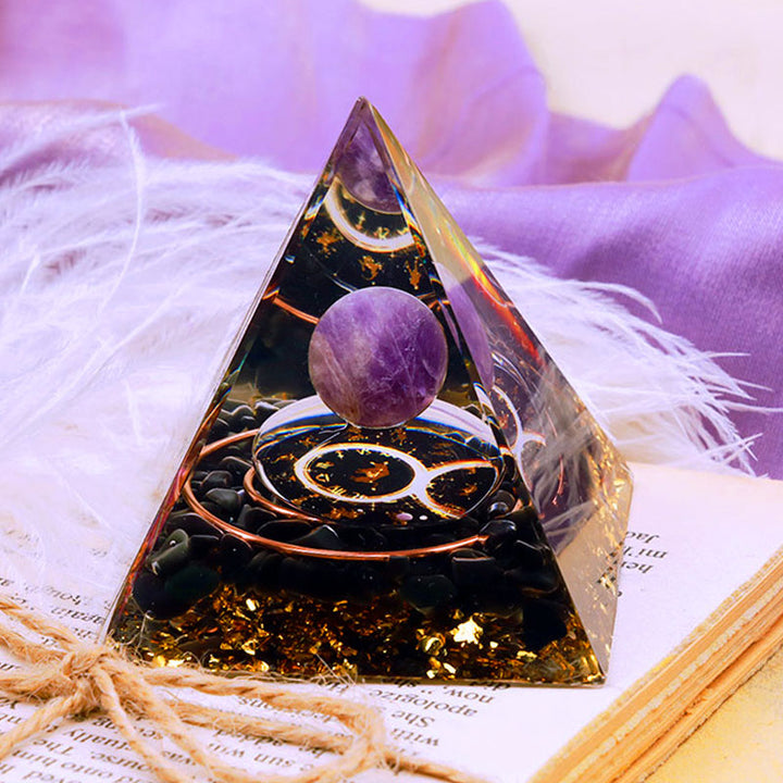 Olivenorma Amethyst Sphere With Obsidian Zodiac Taurus Orgone Pyramid