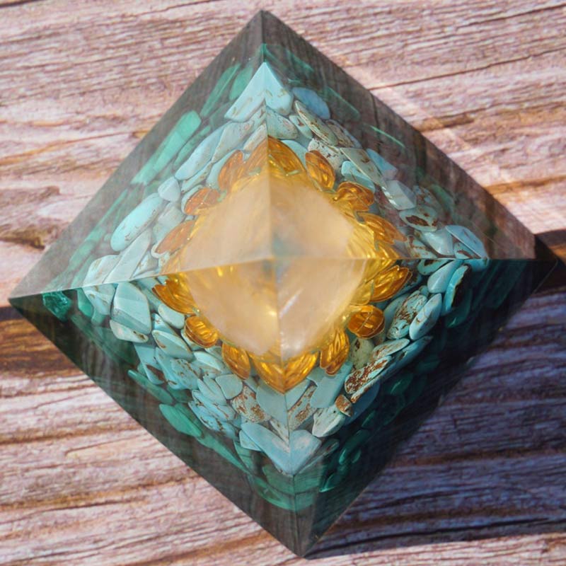 Clear Crystal Turquoise Malachite Lotus Symbol Orgone Pyramid