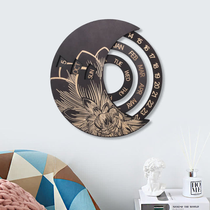 Olivenorma Circle Wooden Crescent Moon Perpetual Calendar Wall Decor