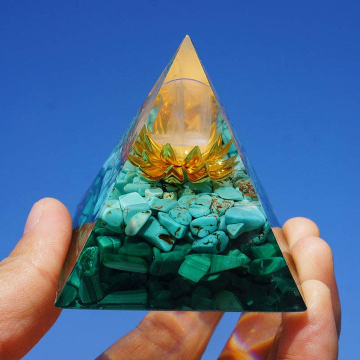 Clear Crystal Turquoise Malachite Lotus Symbol Orgone Pyramid