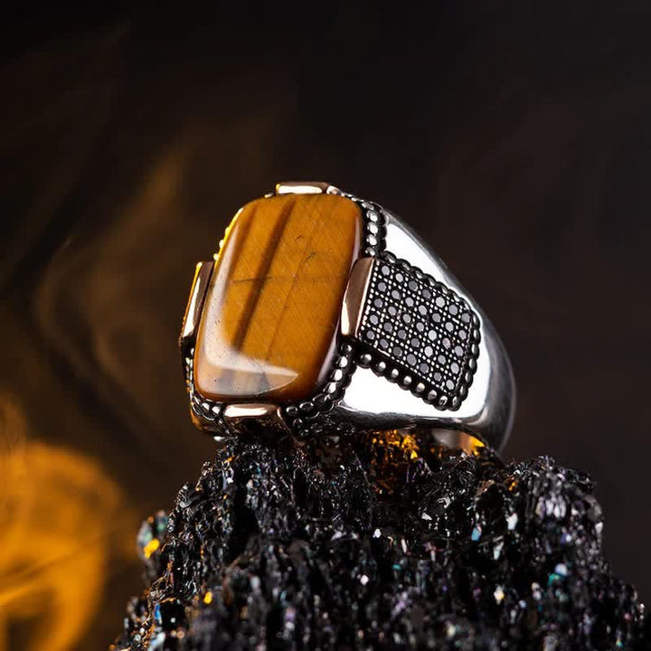 Olivenorma Square Tiger Eye Men's Broad Brim Ring