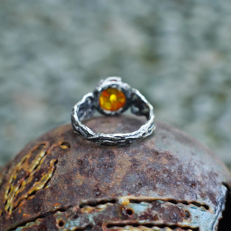 Antique Silver Amber Flower Ring