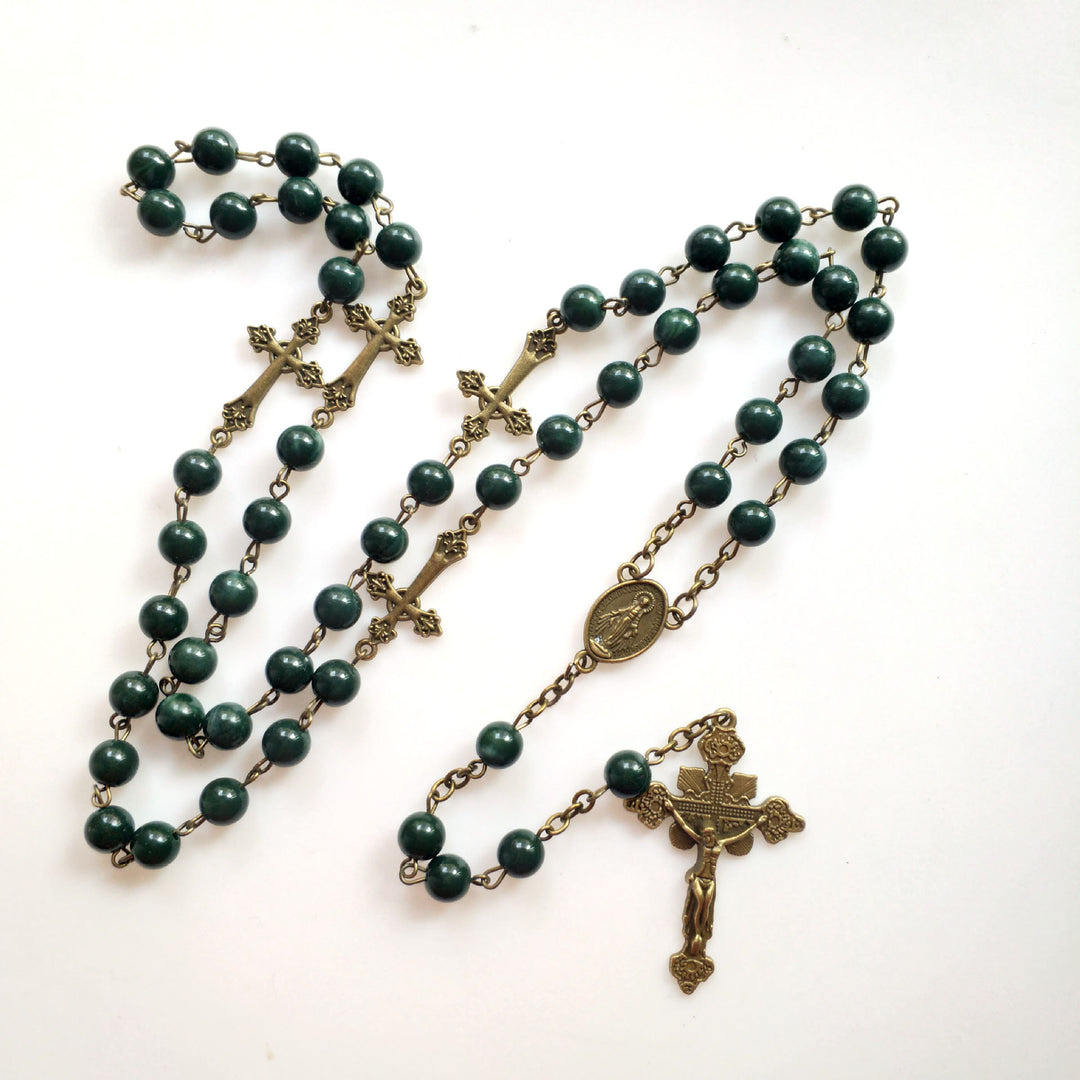 Olivenorma Malachite Copper Cross Pendant Rosary Necklace