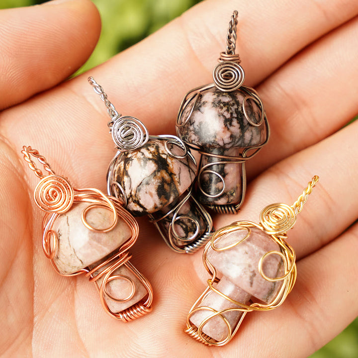 Olivenorma Natural Healing Stone Mushroom Necklace - Rhodonite - Rose Gold Thread - image 22