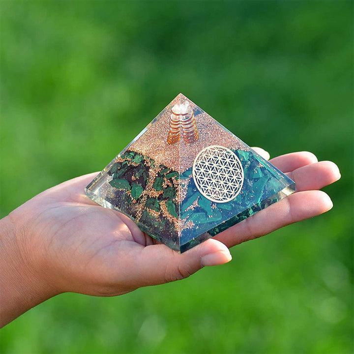 Olivenorma Malachite Flower Of Life Symbol Orgone Pyramid