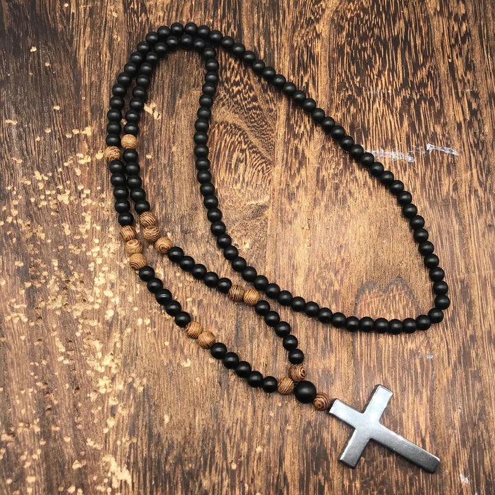 Olivenorma Wood Beads Stone Cross Pendant Rosary Necklace