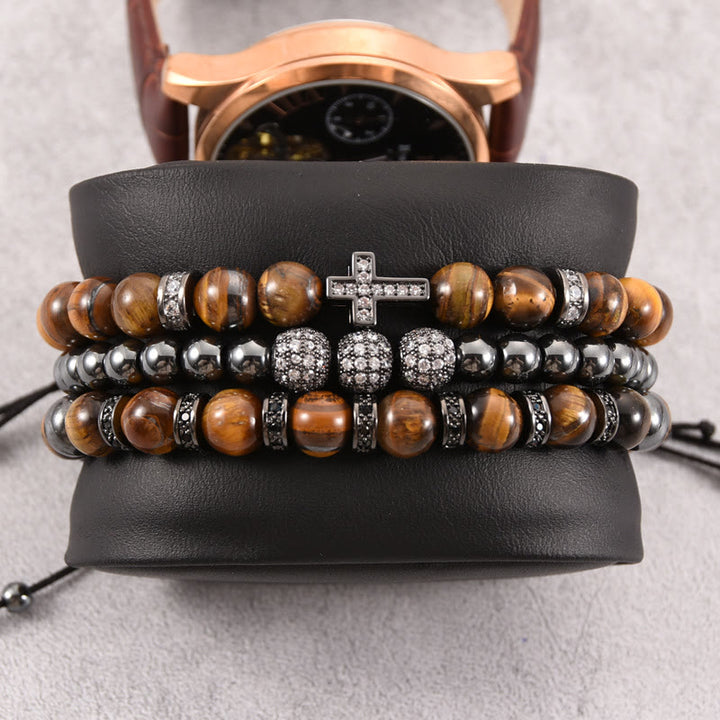 Olivenorma 3Pcs/Set Tiger Eye Stone Beaded Men Cross Bracelet