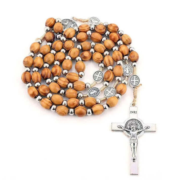 Olivenorma Knitted Cross Plain Wood Rosary Necklace