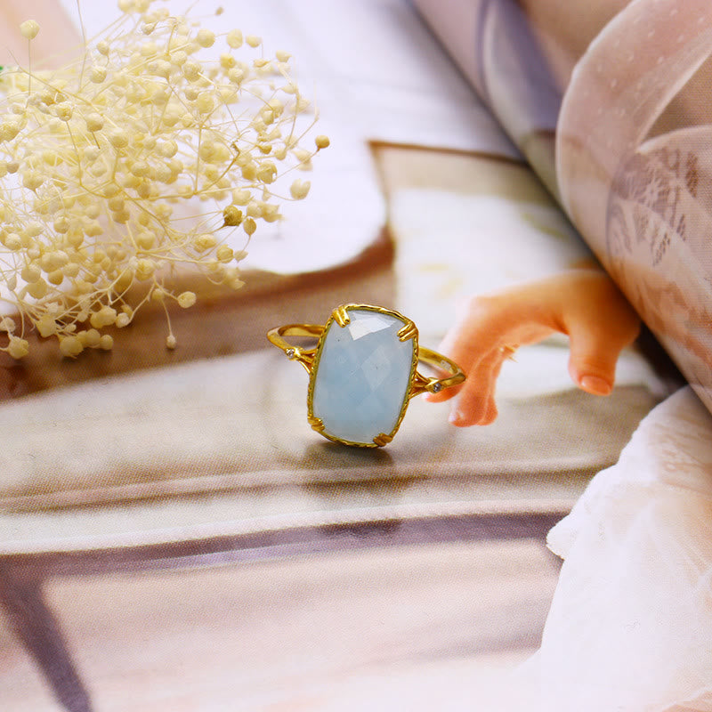 Olivenorma Large Square Aquamarine Black Onyx Vintage Ring