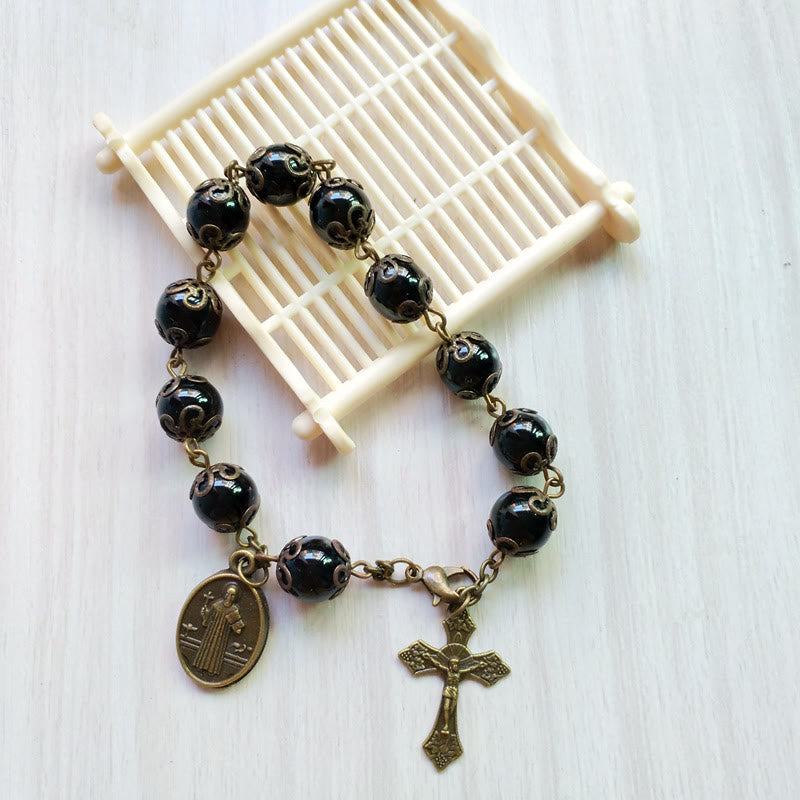 Olivenorma Obsidian Holy Medal Cross Pendant Rosary Bracelet