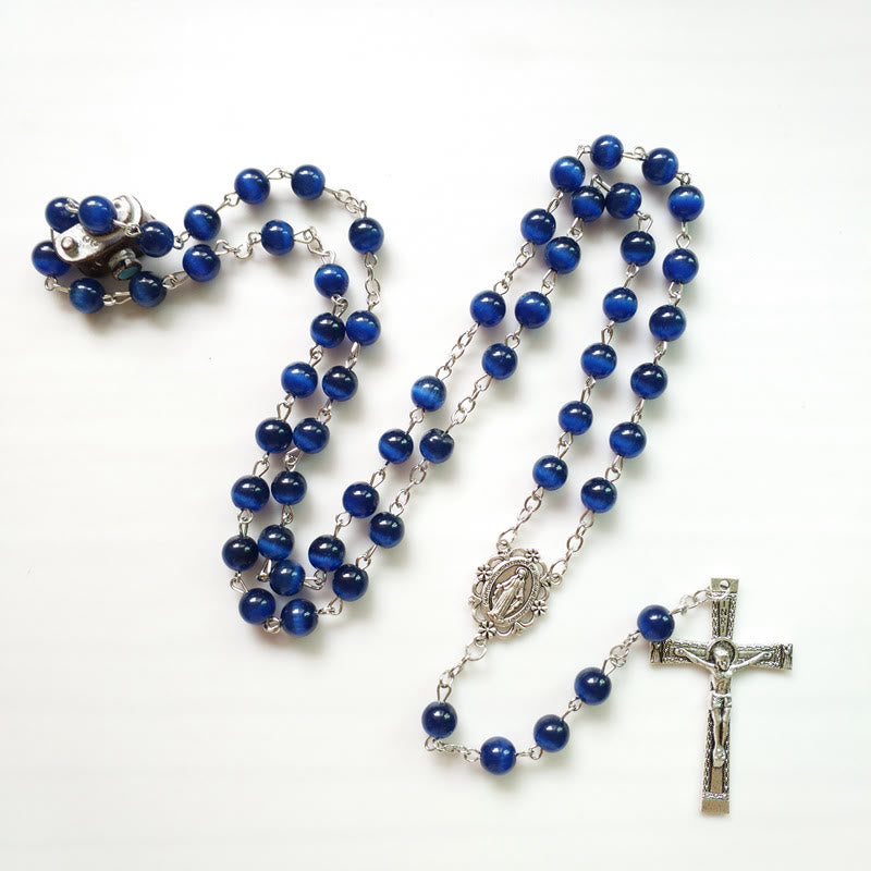 Olivenorma Blue Cat's Eye 8mm Stone Cross Rosary Necklace