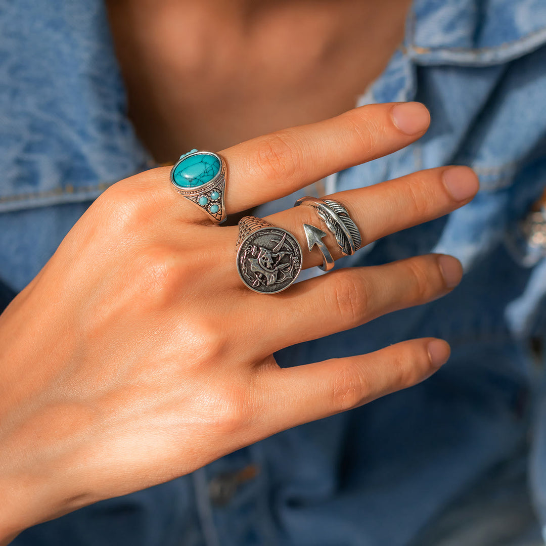 Olivenorma Turquoise Silver Arrow Feather Skull Ring Set