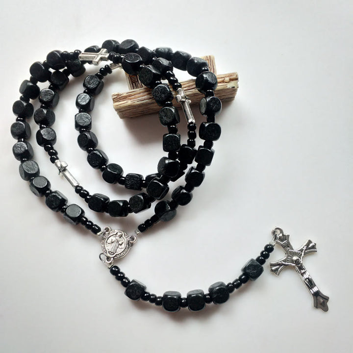 Olivenorma Black Square Wooden Cross Rosary Necklace