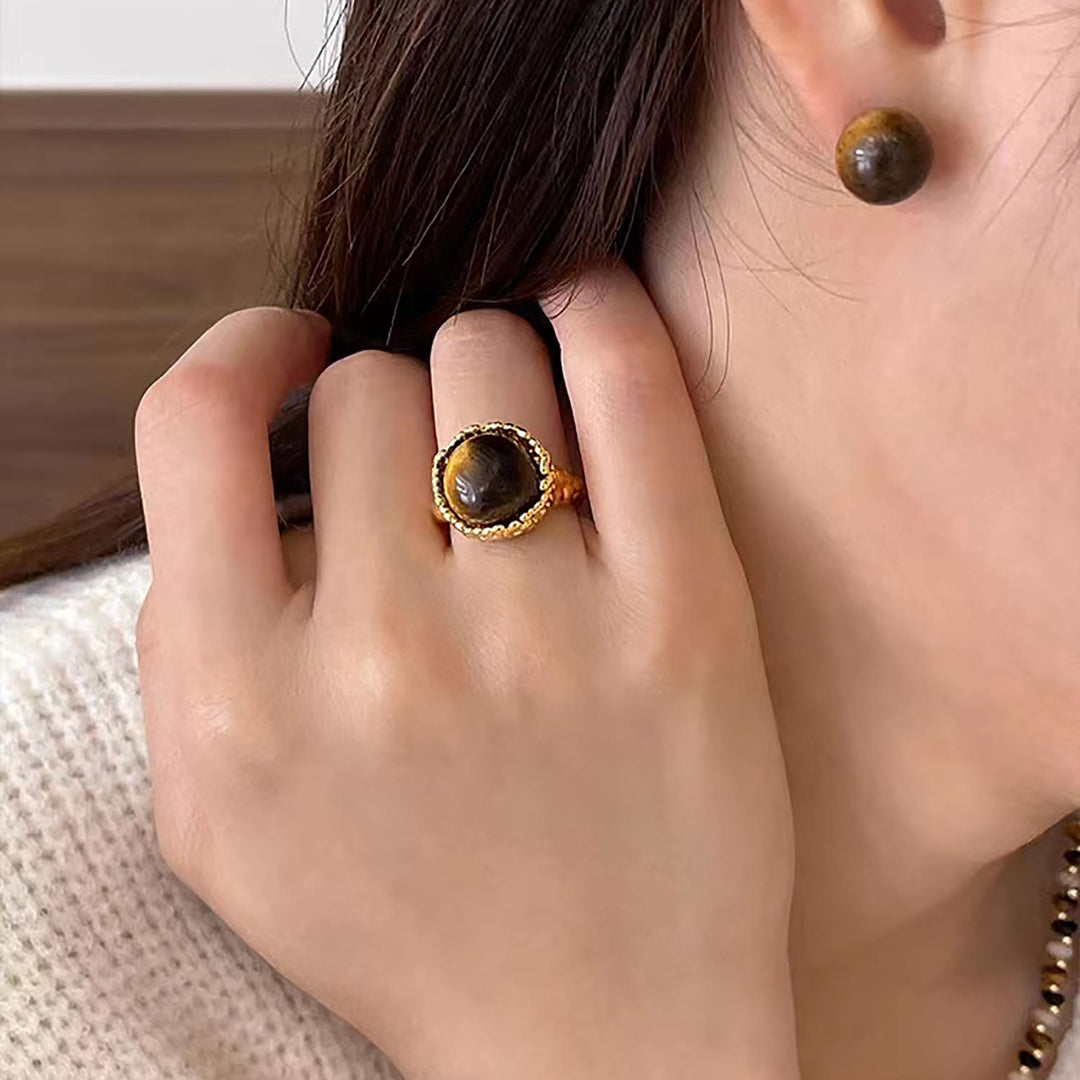 Olivenorma Natural Tiger Eye Stone Vintage Open Ring