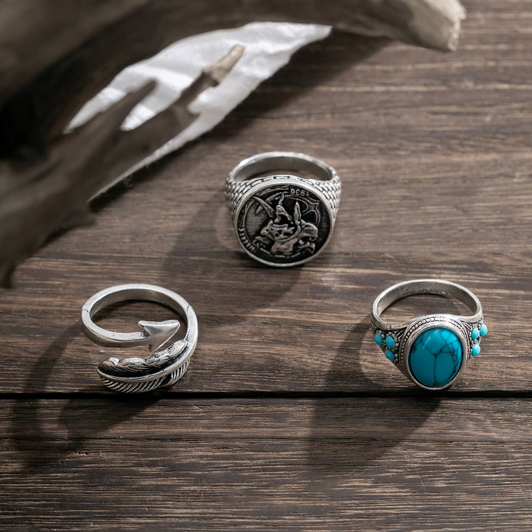 Olivenorma Turquoise Silver Arrow Feather Skull Ring Set