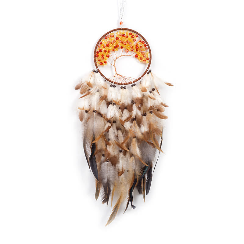 Olivenorma Crystal Tree of Life Pink Feather Dream Catcher