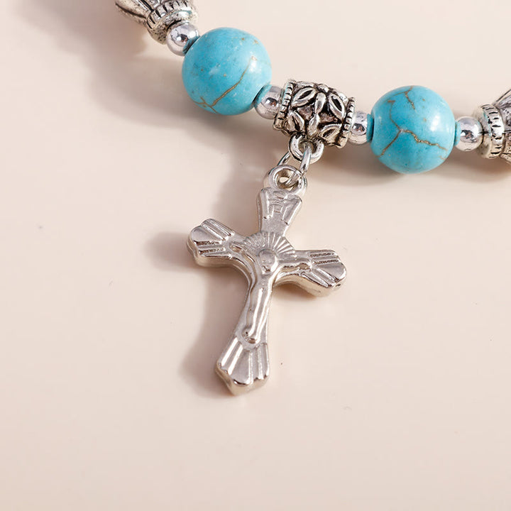 Olivenorma Turquoise Beaded Silver Cross Pendant Bracelet