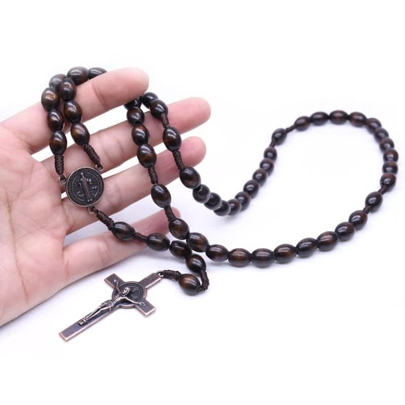 Olivenorma Knitted Vintage Cross Wood Rosary Necklace