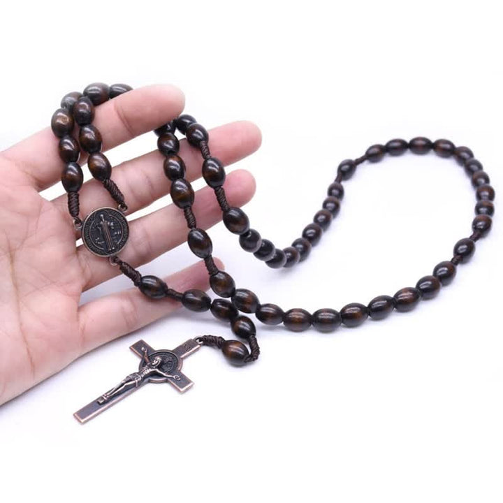 Olivenorma Knitted Vintage Cross Wood Rosary Necklace