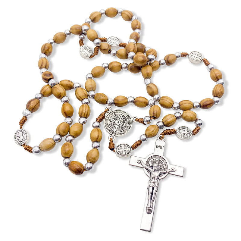 Olivenorma Knitted Cross Plain Wood Rosary Necklace