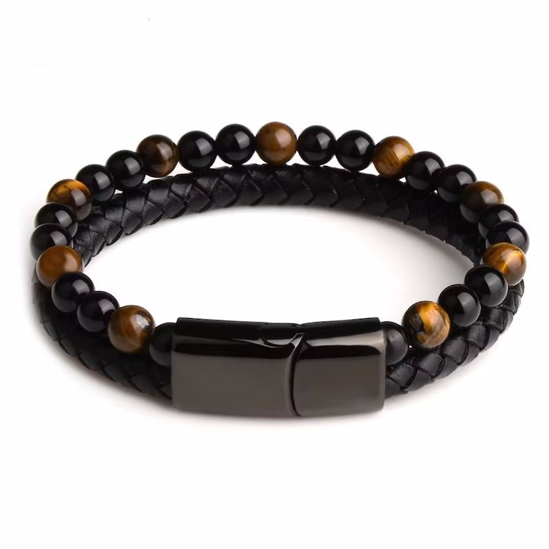 Olivenorma Natural Tiger Eye Leather Rope Double Layer Bracelet - Tiger Eye&Obsidian - image 4