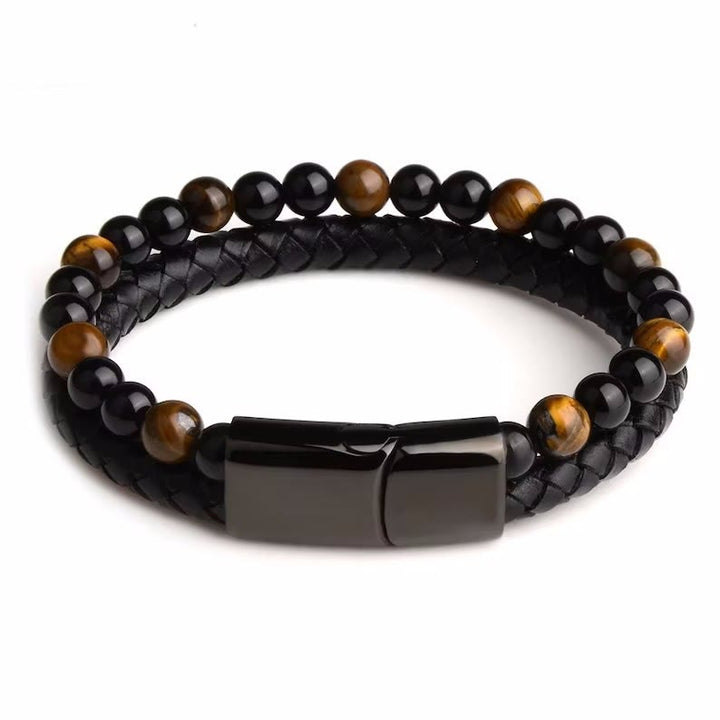 Olivenorma Natural Tiger Eye Leather Rope Double Layer Bracelet