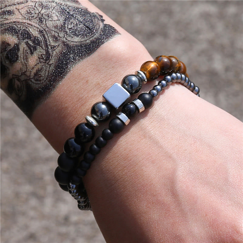 Olivenorma Frosted Tiger Eye Black Cube Stretch Bracelet Set