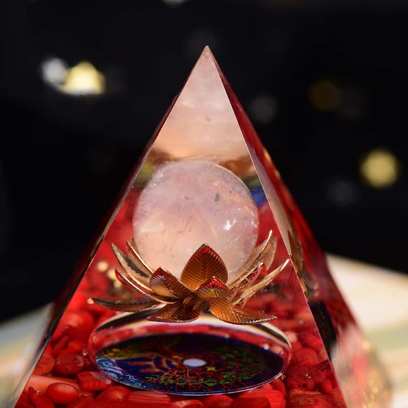 Olivenorma Red Coral Rose Quartz Lotus Symbol Orgone Pyramid