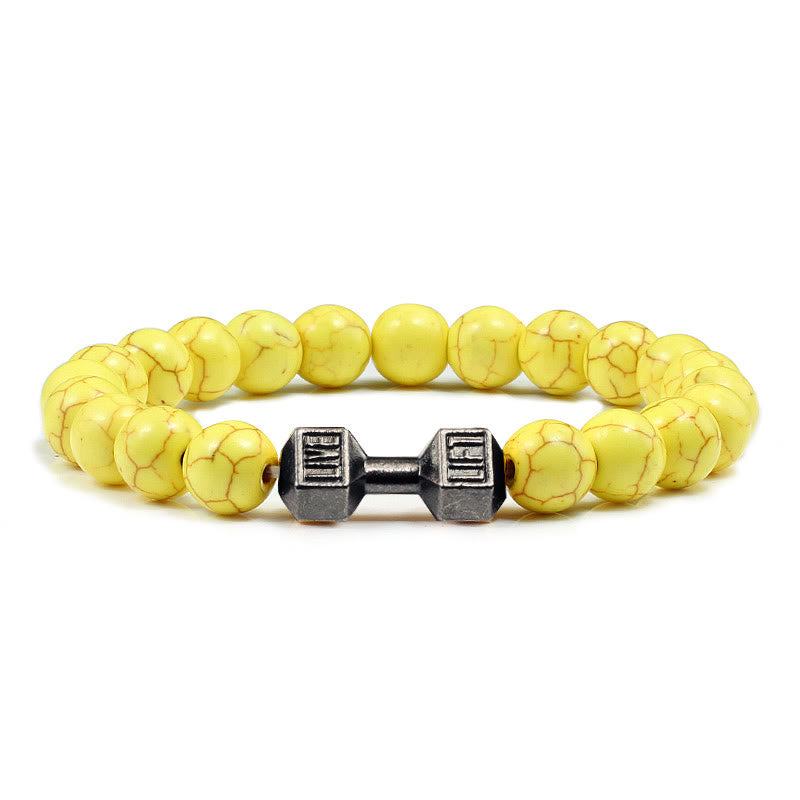 Olivenorma "Live Life" Dumbbells Natural Stone Beads Bracelet - Yellow Turquoise - Black Barbell - 21cm - image 36