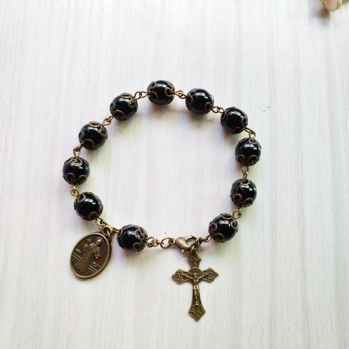 Olivenorma Obsidian Holy Medal Cross Pendant Rosary Bracelet