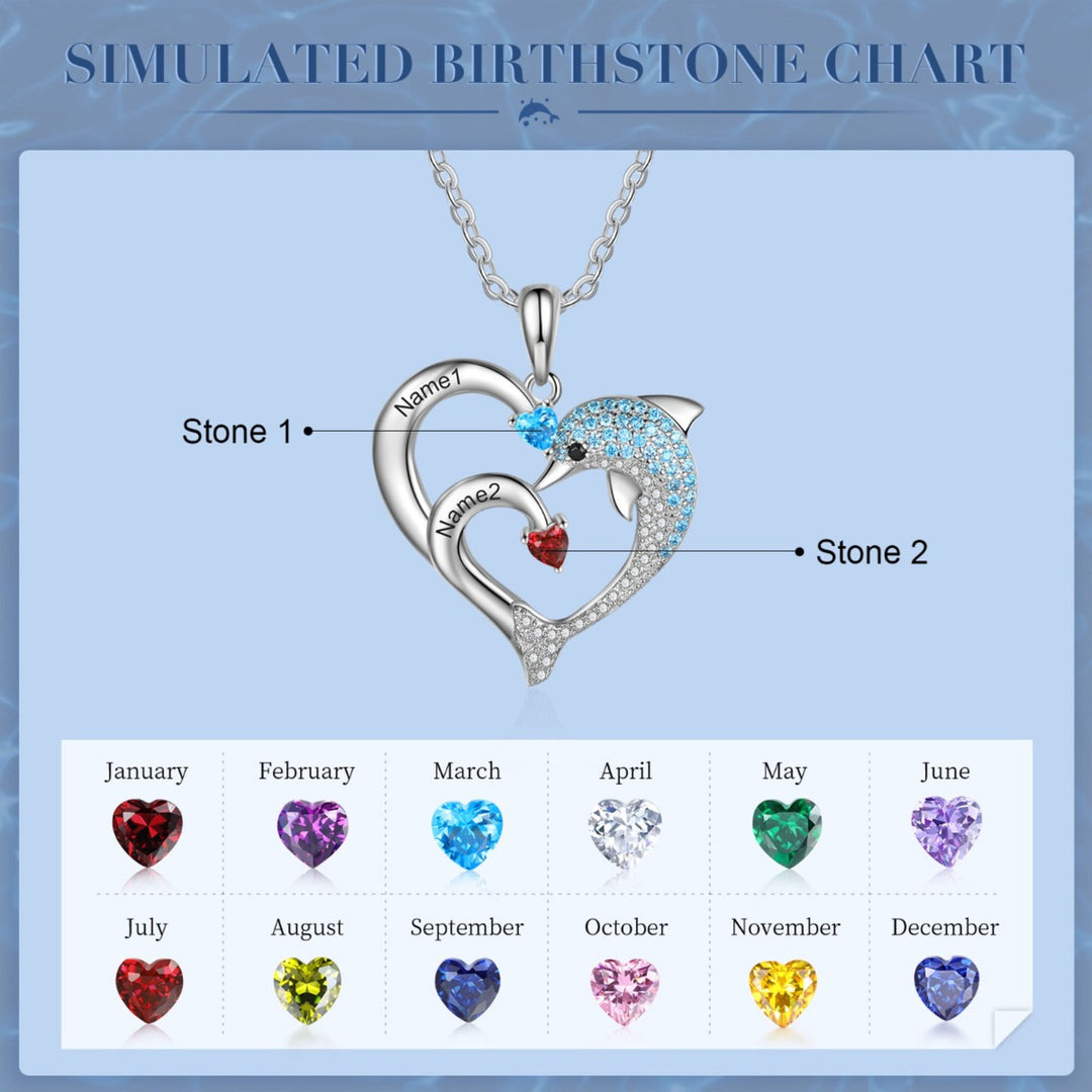 Olivenorma Heart Dolphin Necklace Engraved Stone Pendant Necklace - Silver - 2 Birthstone - image 1