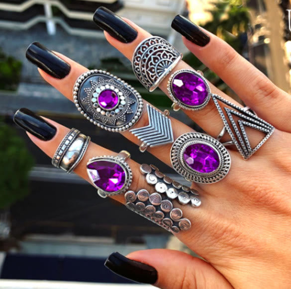 Olivenorma Vintage Purple Zircon Hollow 9 Piece Ring Set