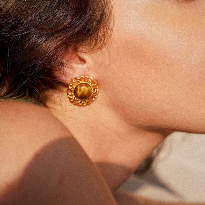 Olivenorma Tiger Eye Sunflower Gold Earrings