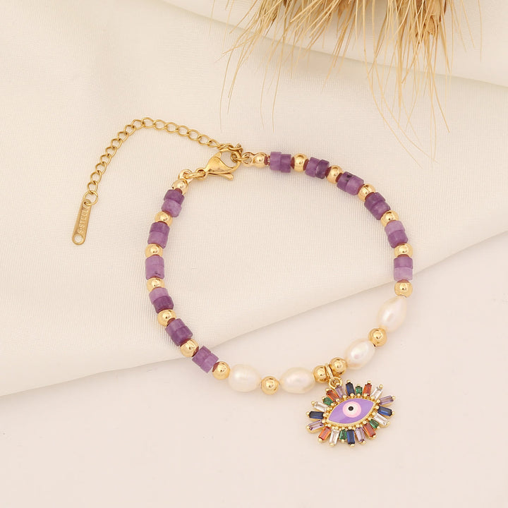 Olivenorma Natural Crystal Pearl Evil Eye Pendant Bracelet