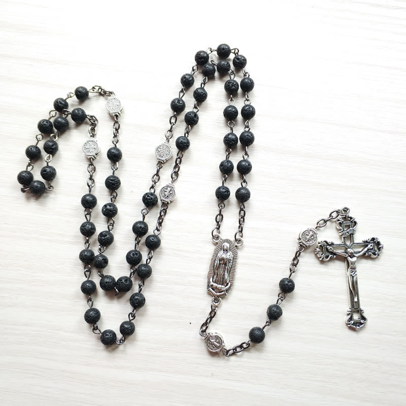 Olivenorma Lava Stone Catholic Cross Pendant Rosary Necklace