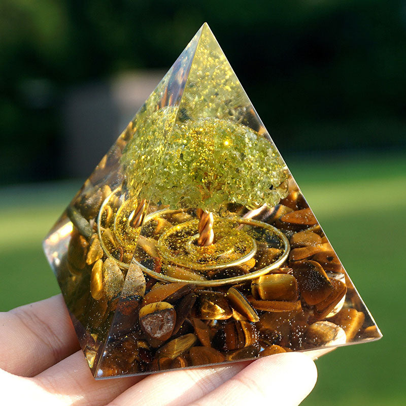 Olivenorma Peridot With Tiger Eye Tree Of Life Orgone Pyramid