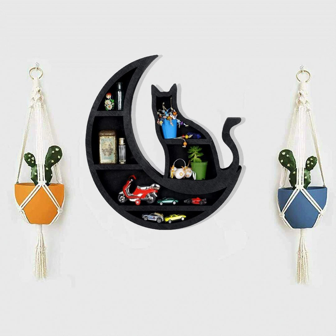 Olivenorma Moon Cat Wooden Wall Hanging Crystal Shelf