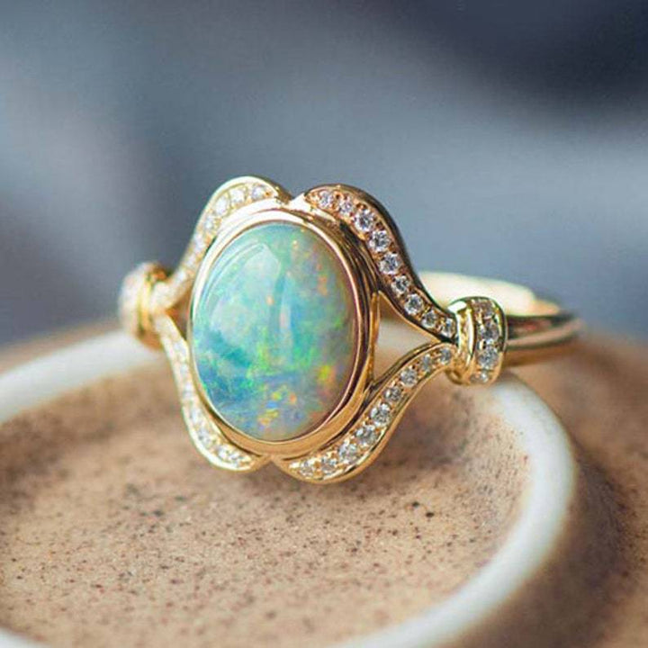 Olivenorma "Light Of Peace" Vintage Gold Plated Opal Mozambique Diamond Engagement Ring